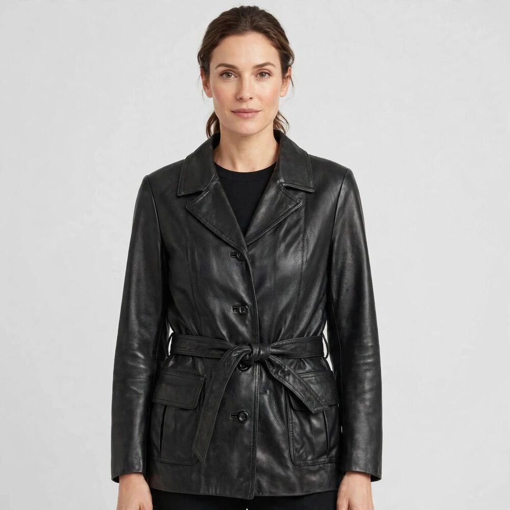 Black Leather Belted Jacket Four Button Cargo Pocket Blazer Coat Womens Medium